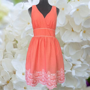 Trixxi coral sleeveless textured embroidered scalloped hem waist band with tie